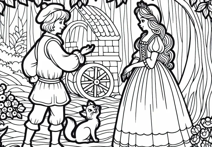 The miller’s boy is admired by the king's daughter for his wealth - coloring page fairy tale