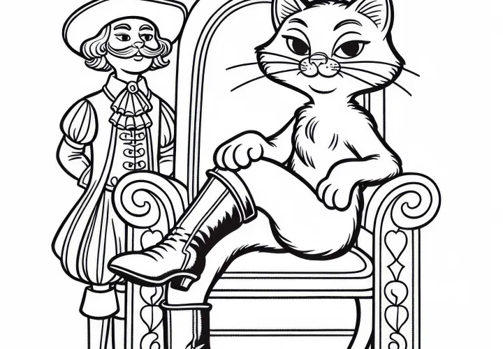 The Puss in Boots sits proudly on his throne - Free fairy tale coloring page
