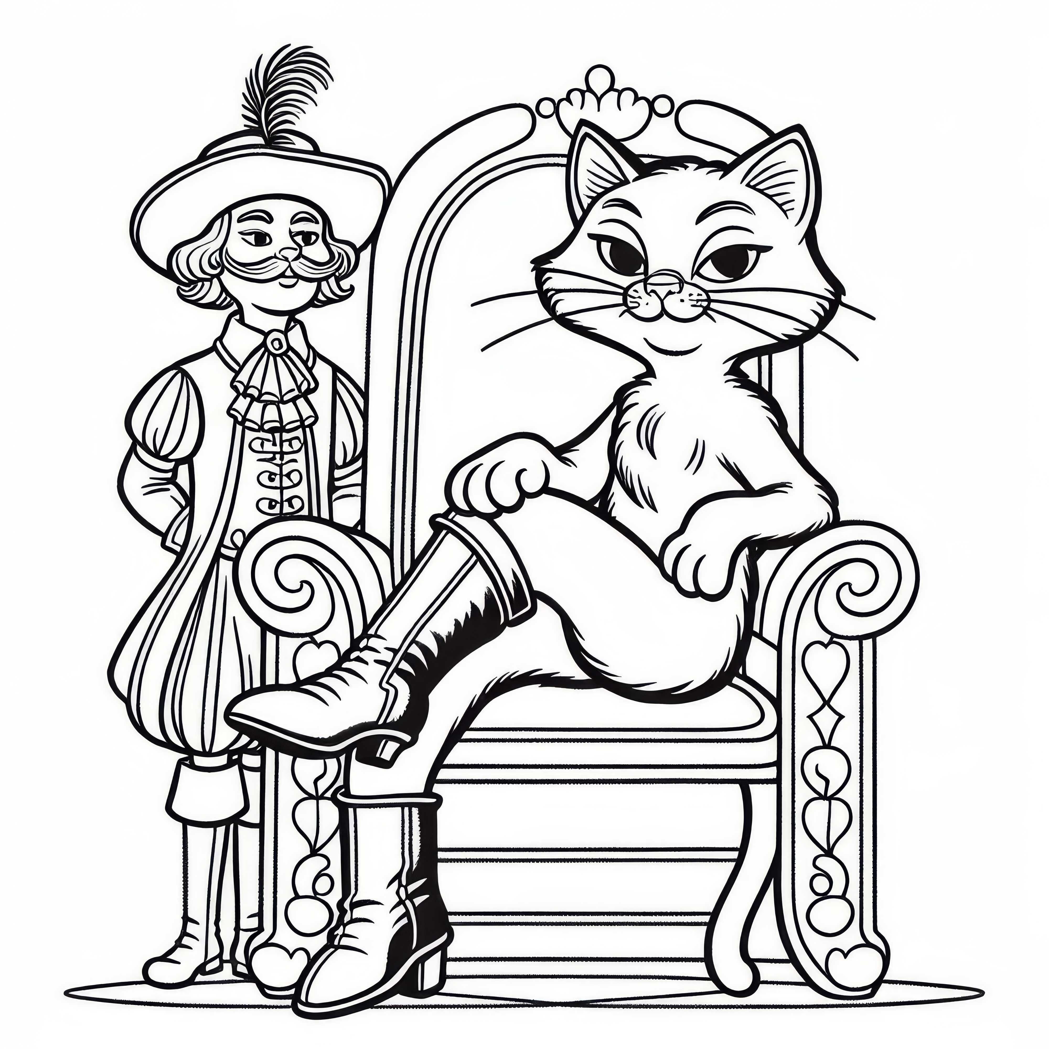 O Gato de Botas está orgulhosamente sentado em seu trono – Desenho para colorir de conto de fadas grátis