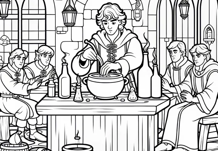 The youngest son receives the table that sets itself and shows it in an inn - coloring page fairy tale