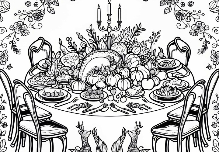 La mesita se cubre con un espléndido banquete lleno de manjares - Plantilla para colorear de cuento de hadas