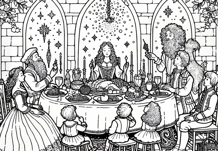 Family celebrates with table set for a feast – large celebration coloring page
