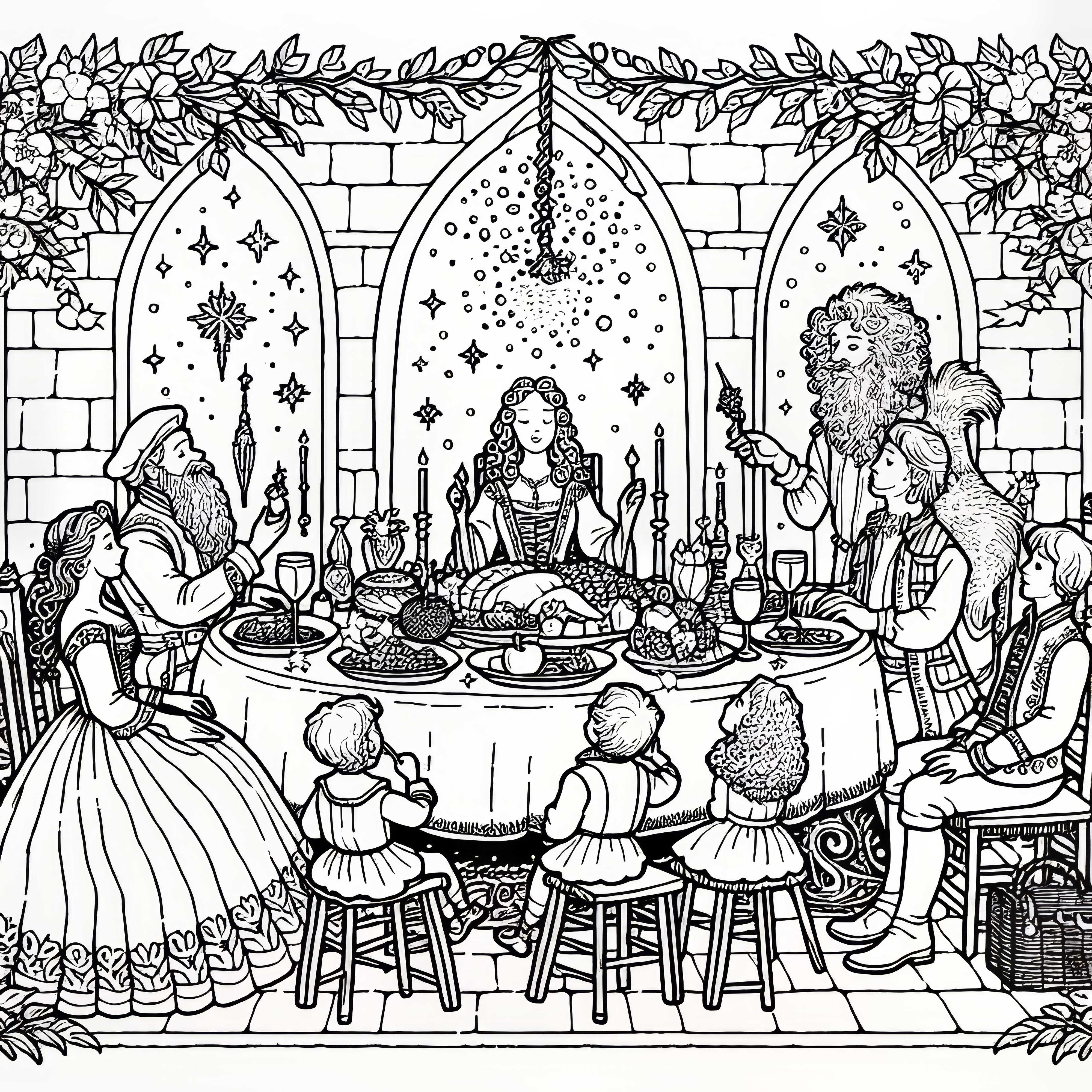 La familia celebra con la mesa puesta – gran fiesta para colorear