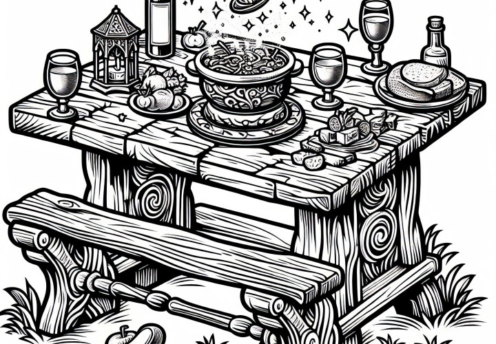 Una antigua mesa rústica, sobre la que aparecen alimentos y bebidas como por arte de magia – Imagen para colorear de cuento de hadas gratis