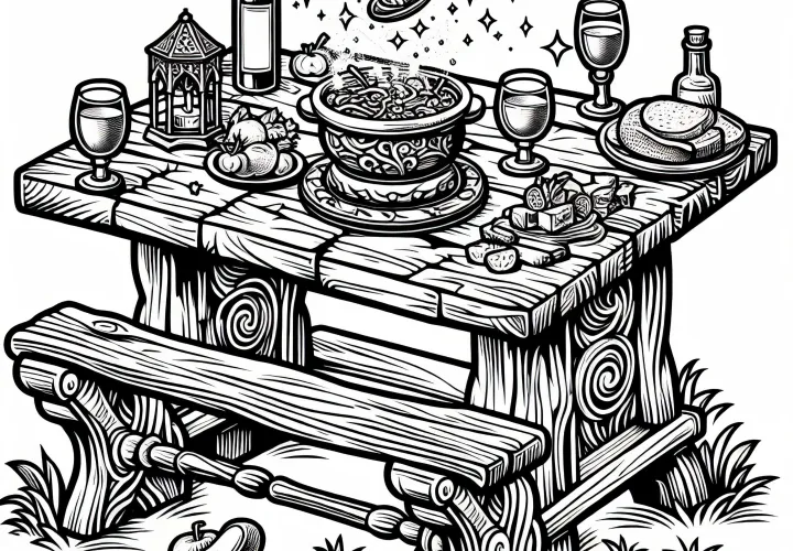 An old rustic table, where food and drinks appear as if by magic – Coloring page fairy tale for free