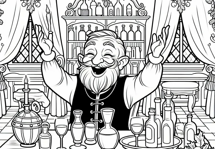 The old innkeeper of a tavern is pleased with the set table – Coloring template fairy tale