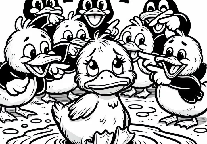 The ugly duckling is bullied by other ducks – Coloring page fairy tale
