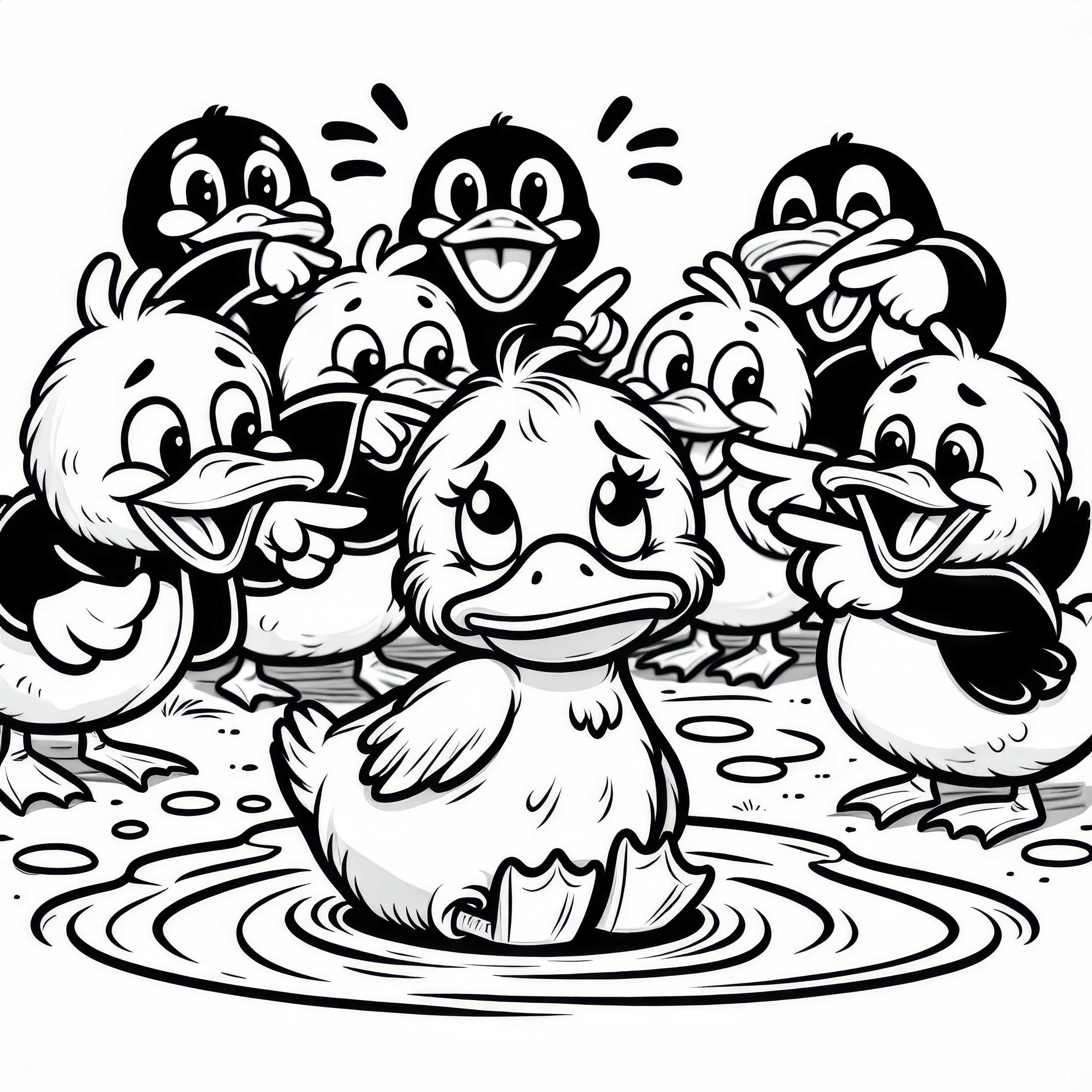 Das hässliche Entlein wird von anderen Enten gehätselt – Ausmalbild Märchen