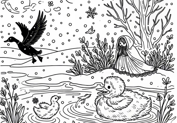 The ugly duckling survives the winter – Free fairy tale coloring page