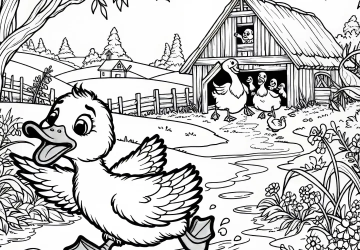 The ugly duckling flees from the farm into the wilderness - coloring page fairy tale