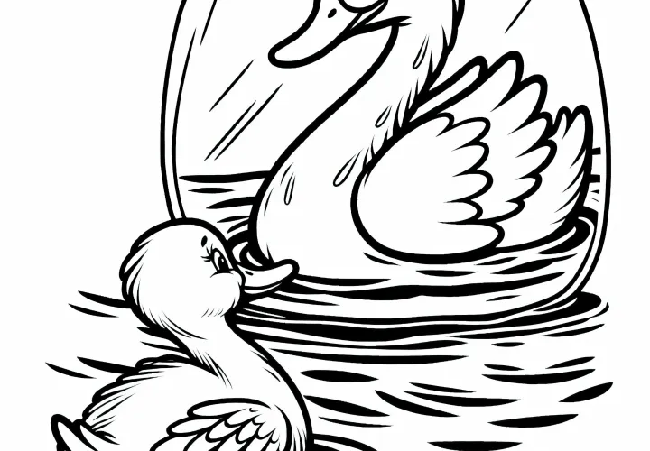 The ugly duckling sees its reflection in the water and recognizes itself as a swan – coloring page