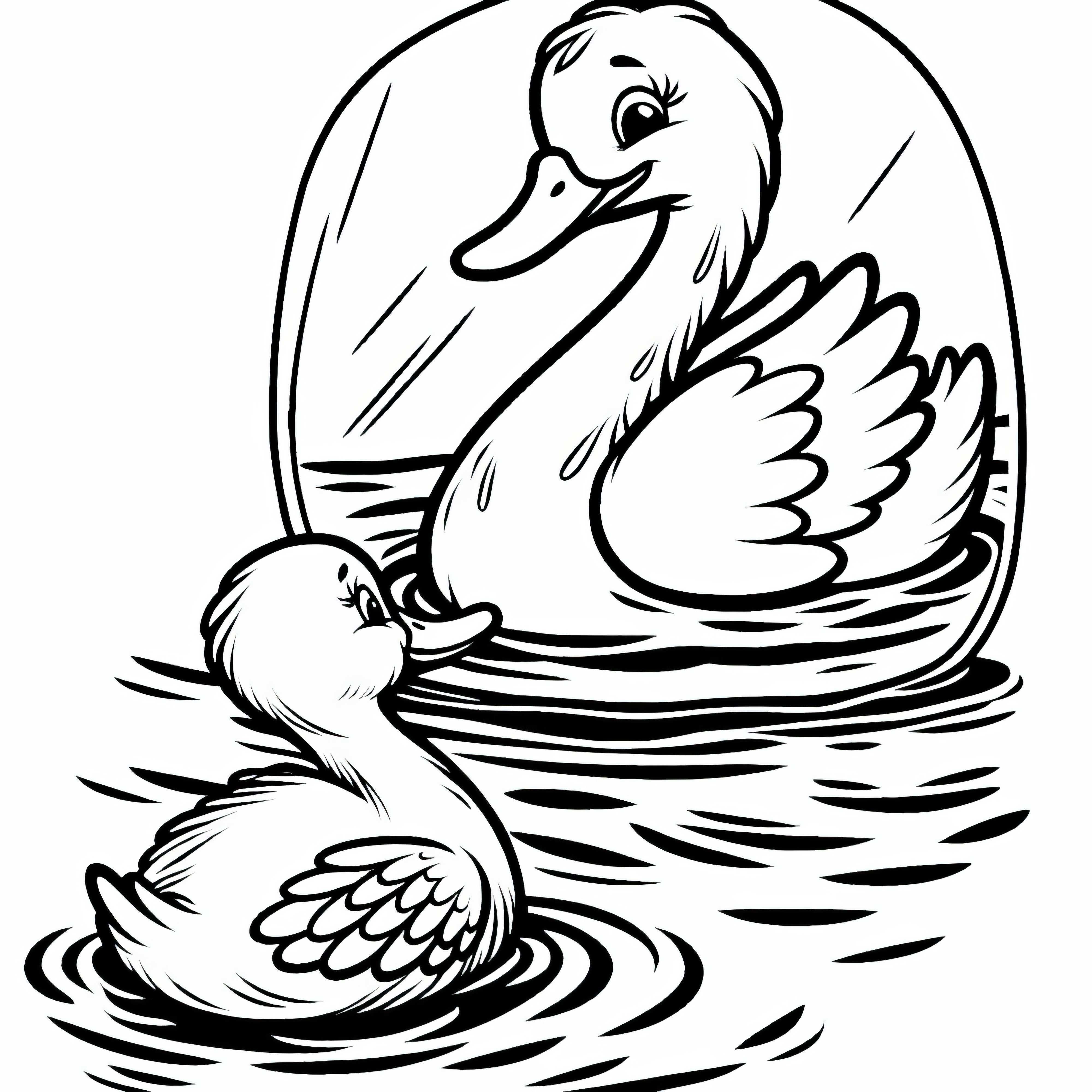 Das hässliche Entlein entdeckt sein Spiegelbild im Wasser und erkennt sich als Schwan – Ausmalbild
