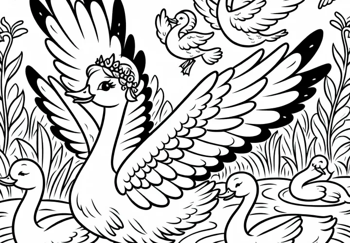 The ugly duckling flies with other swans into the wide world – Coloring page fairy tale