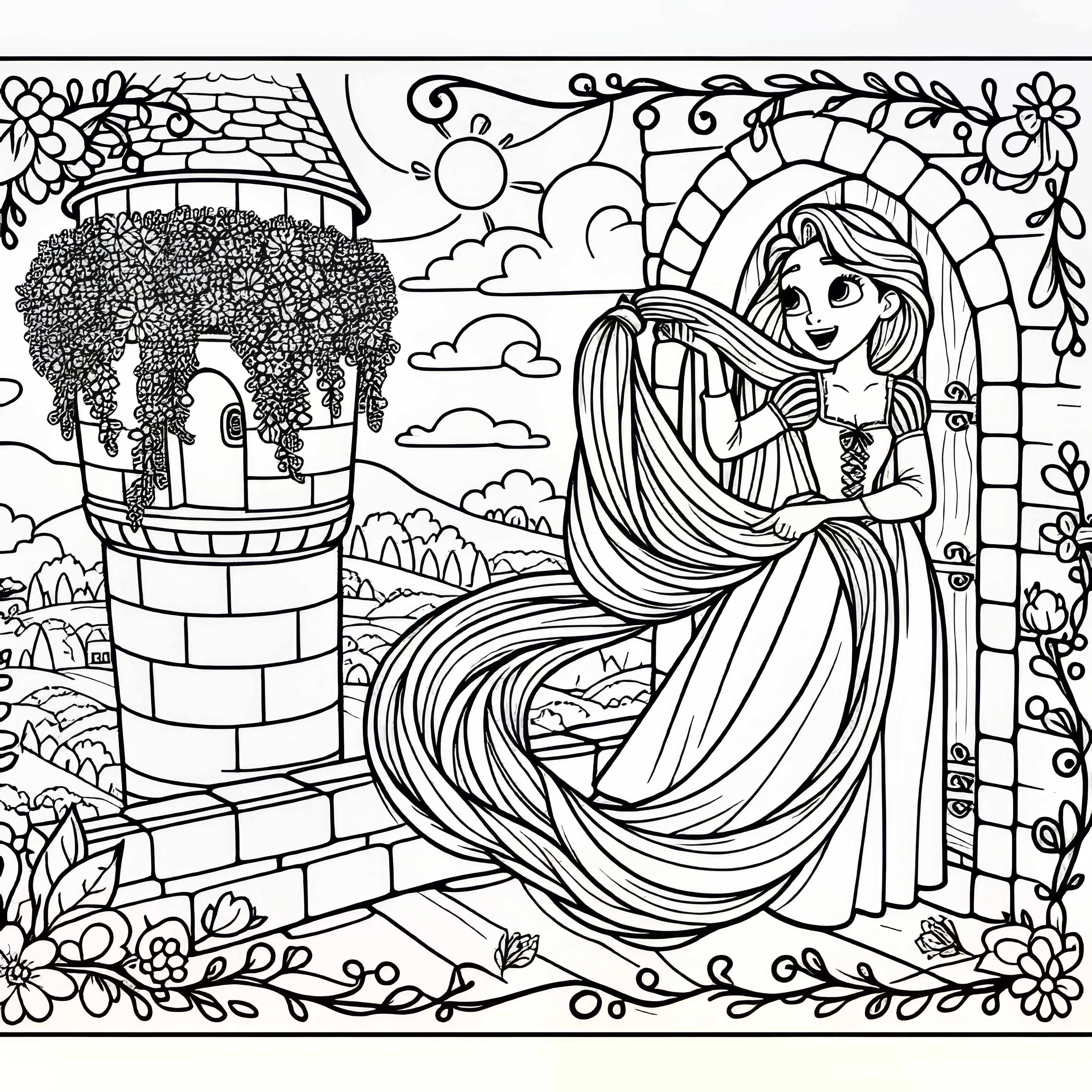 Rapunzel en la torre dibujo para colorear simple gratis