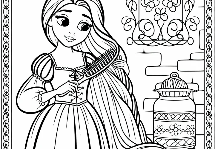 Rapunzel brushes her long hair – Simple free coloring page