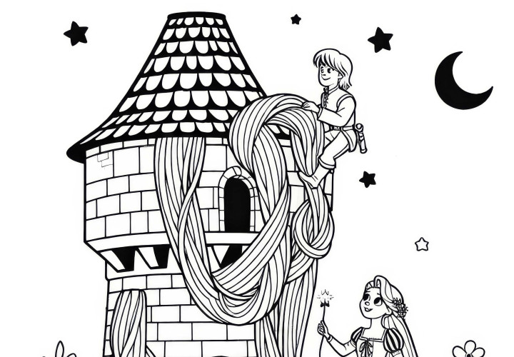 Pangeran memanjat rambut Rapunzel di menara – Buku mewarnai mudah dan gratis Pangeran memanjat rambut Rapunzel ke menara - Contoh gambar yang sederhana dan gratis