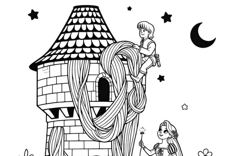 Prince climbs Rapunzel's hair in the tower – Coloring page simple and free