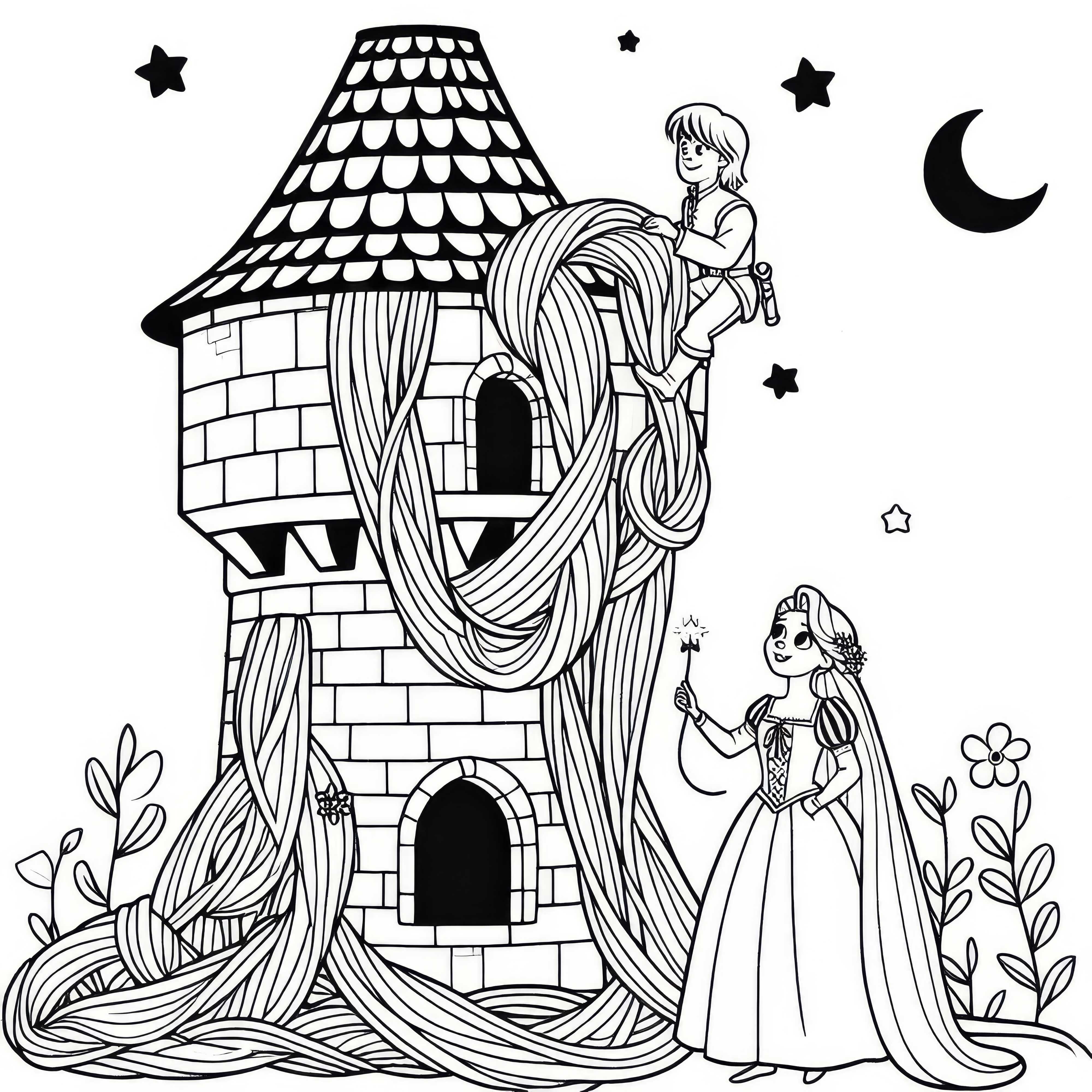El príncipe escala el cabello de Rapunzel en la torre - Plantilla para colorear fácil y gratis