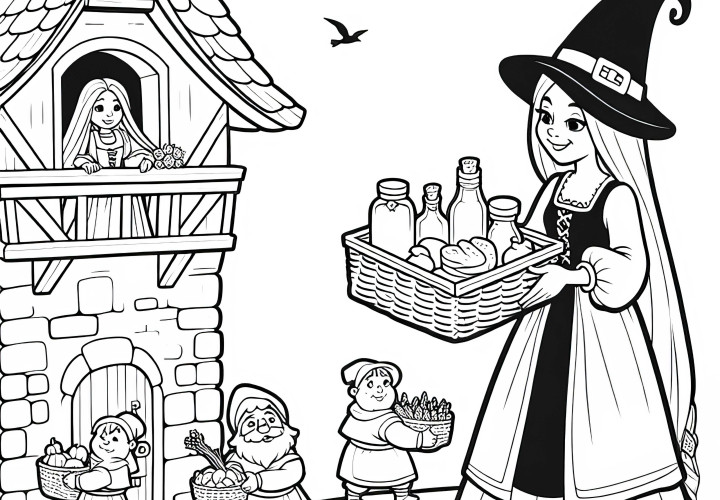 Penyihir membawa Rapunzel makanan segar – Gambar untuk diwarnai yang mudah dan gratis Penyihir membawa makanan segar untuk Rapunzel – Gambar mewarnai sederhana dan gratis