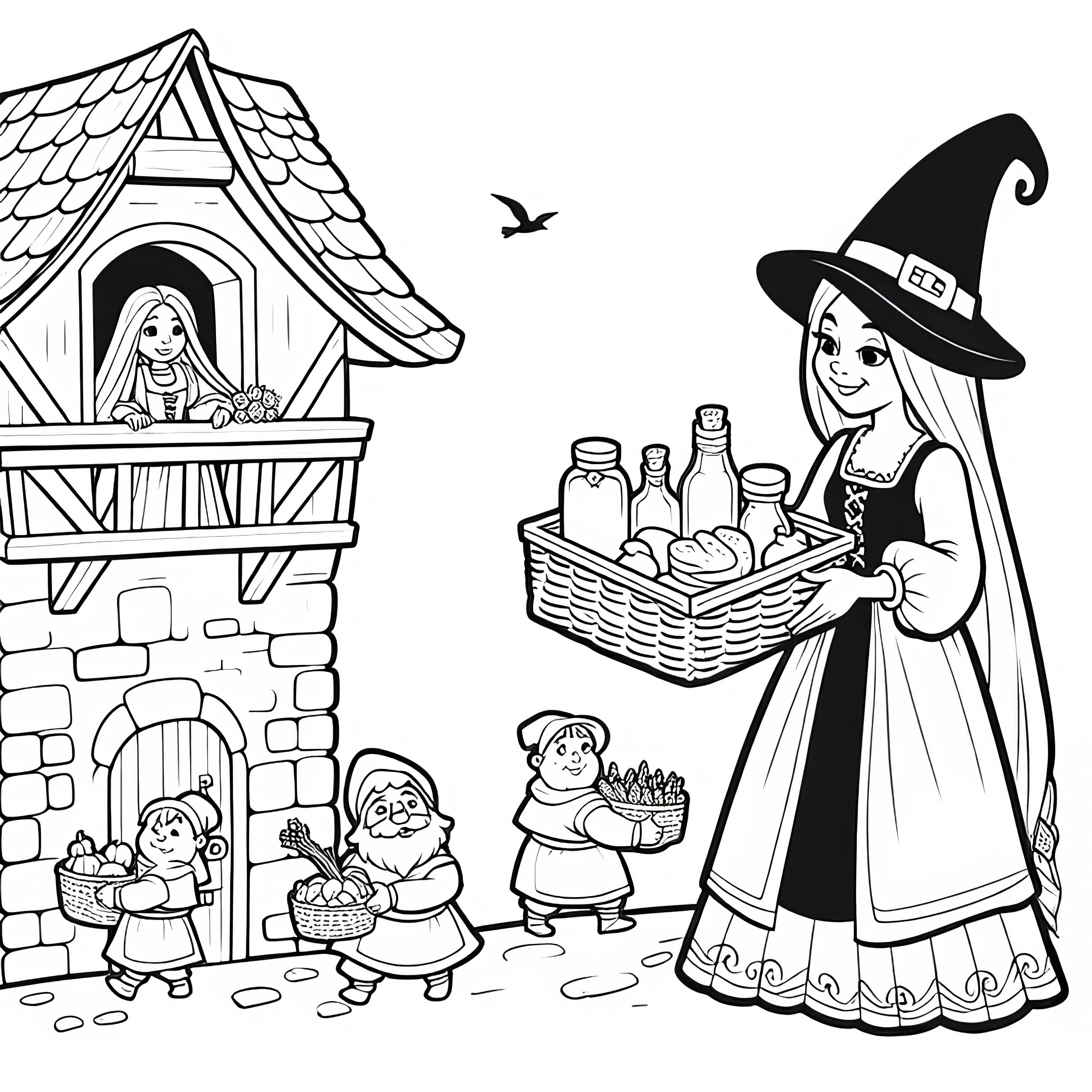 La bruja trae comida fresca a Rapunzel – Dibujo para colorear simple y gratis