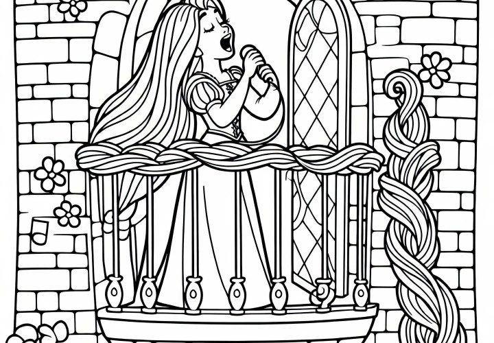Rapunzel bernyanyi di jendela menaranya - Gambar mewarnai sederhana gratis Rapunzel bernyanyi di jendela menara nya - Gambar untuk diwarnai sederhana gratis