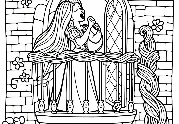 Rapunzel sings at the window of her tower - Coloring page free and easy