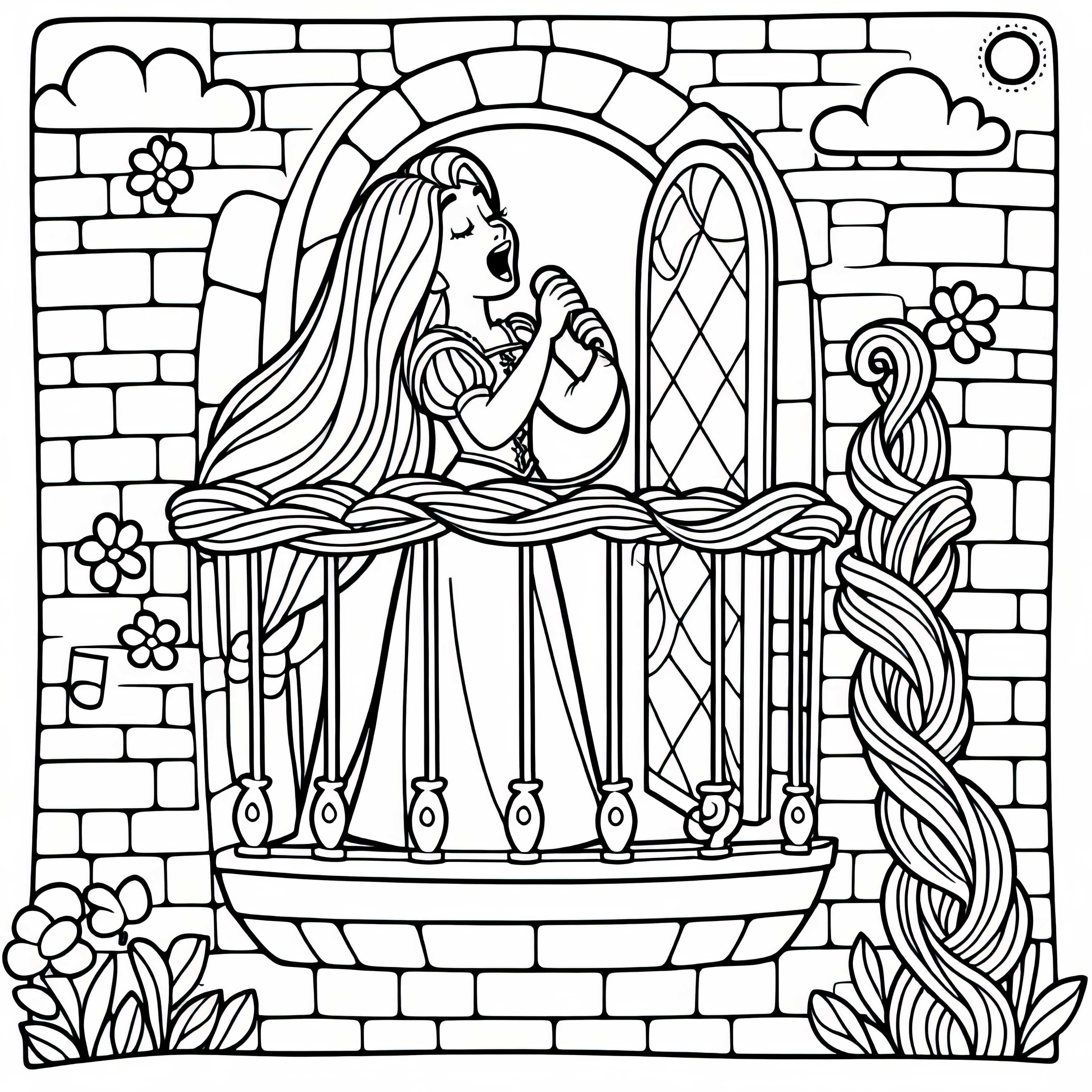 Rapunzel canta en la ventana de su torre - Dibujo para colorear fácil gratis
