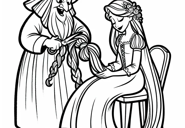 The witch cuts Rapunzel's hair off - coloring page simple free