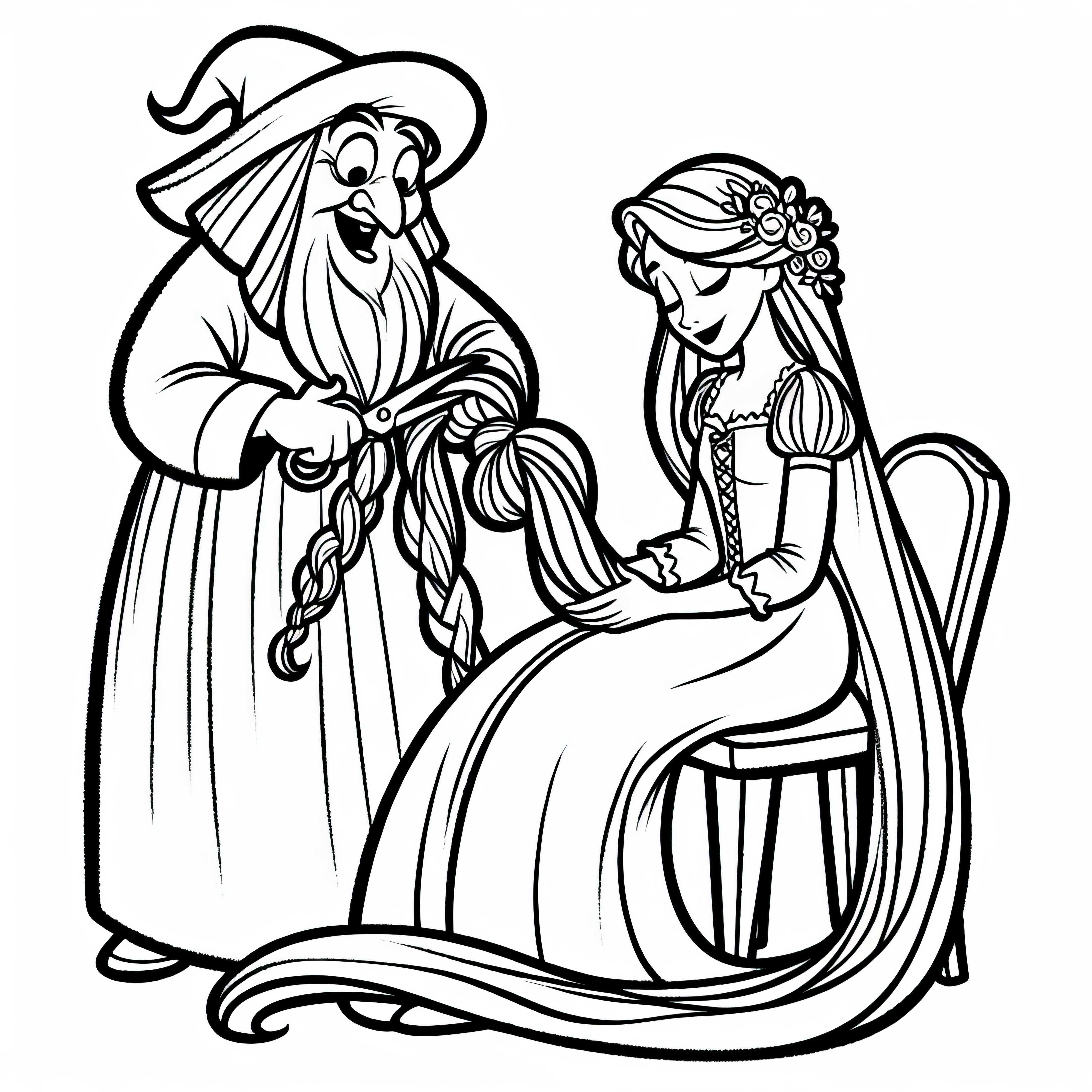La bruja corta el cabello de Rapunzel - Dibujo para colorear fácil y gratuito