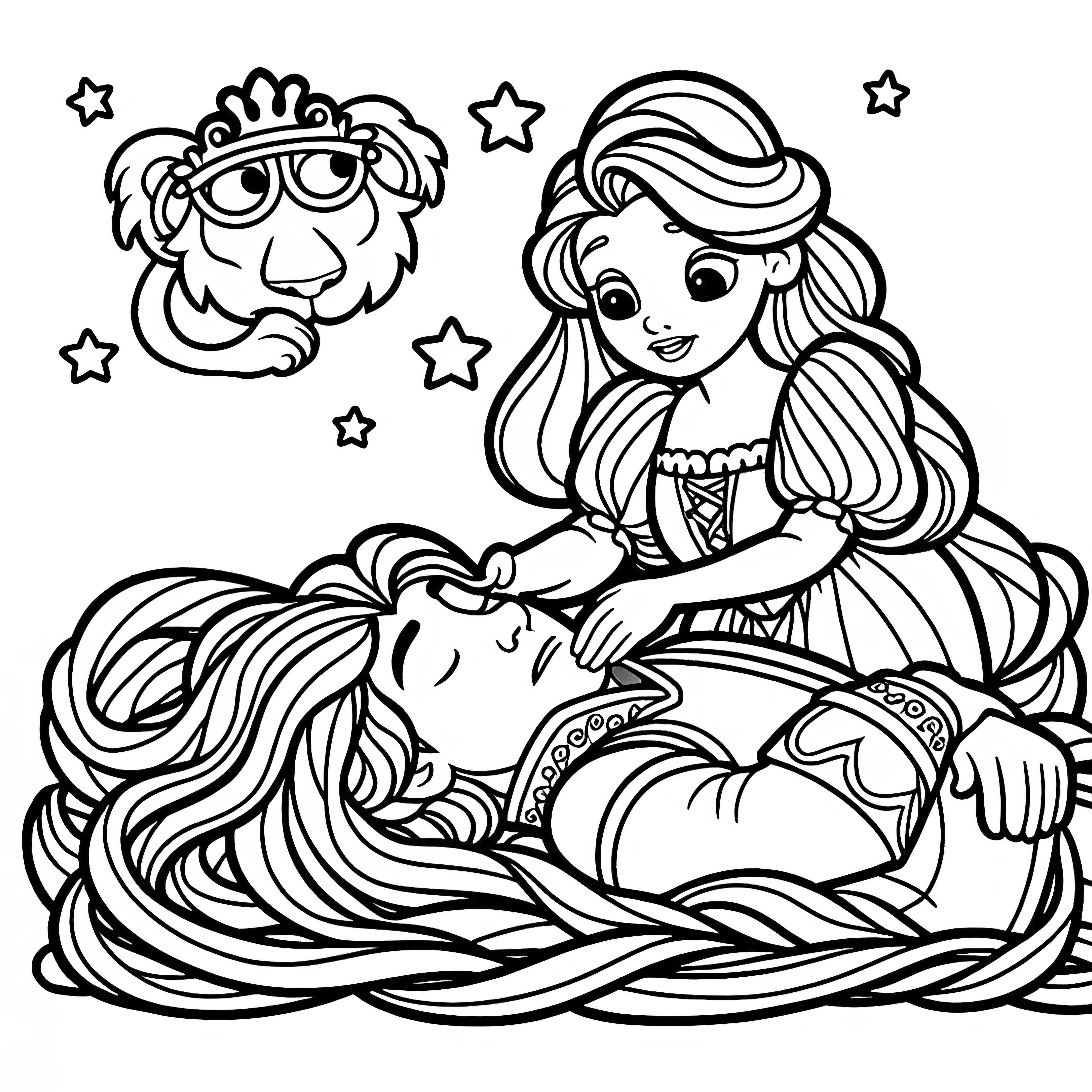 Rapunzel ayuda al príncipe a recuperar su vista - Plantilla para colorear
