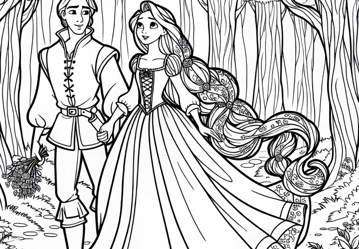 Rapunzel dan Pangeran melarikan diri dari hutan – Gambar untuk diwarnai gratis Rapunzel dan Pangeran melarikan diri dari hutan - Gambar mewarnai gratis