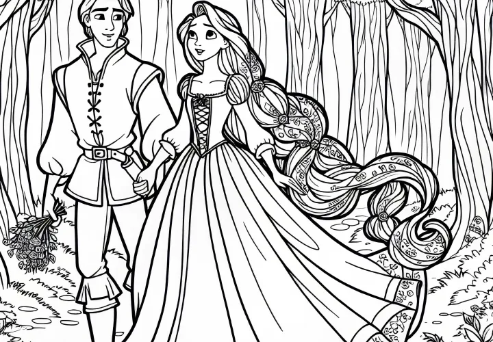 Rapunzel and the prince flee from the forest - free coloring page