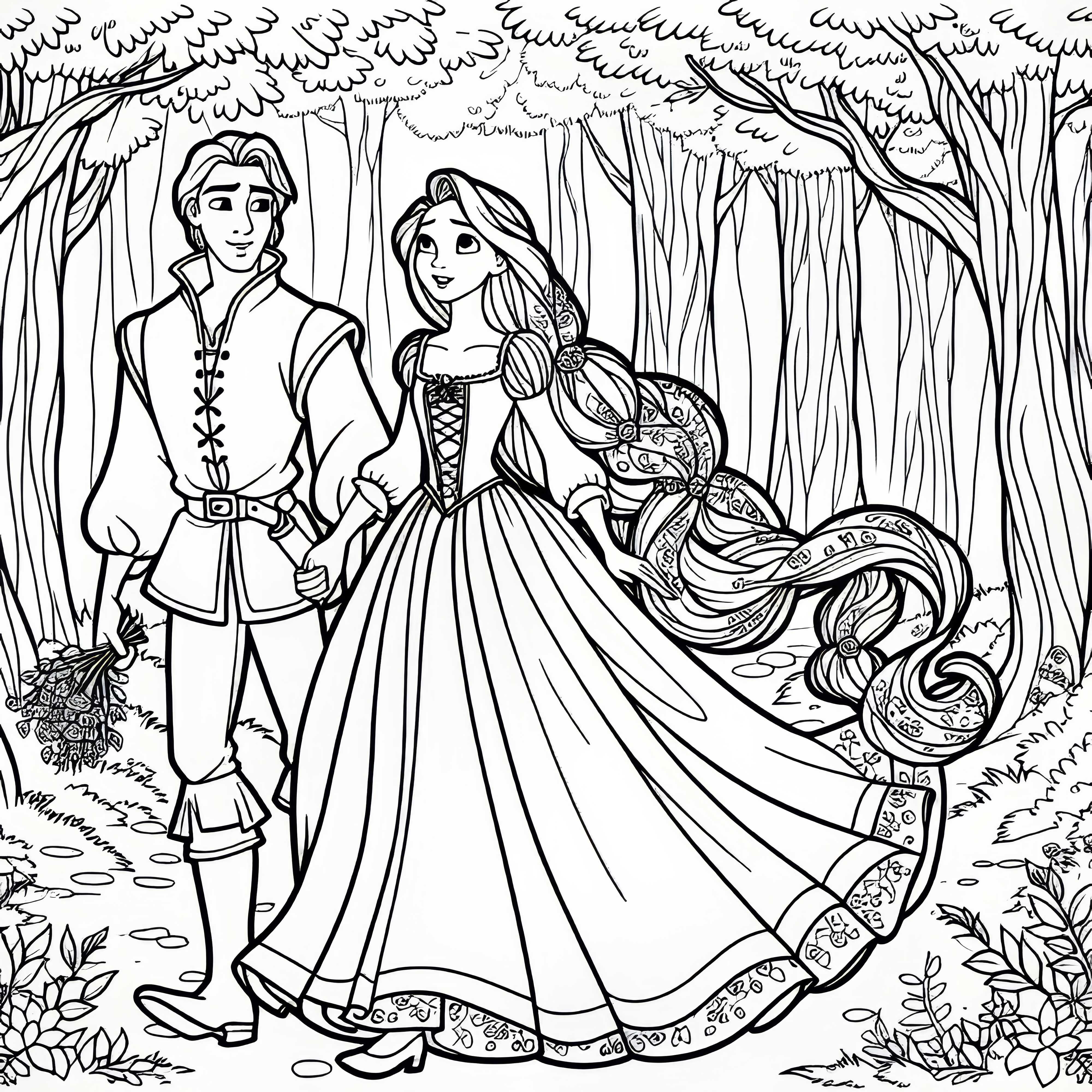 Rapunzel dan pangeran melarikan diri dari hutan – Gambar untuk diwarnai gratis