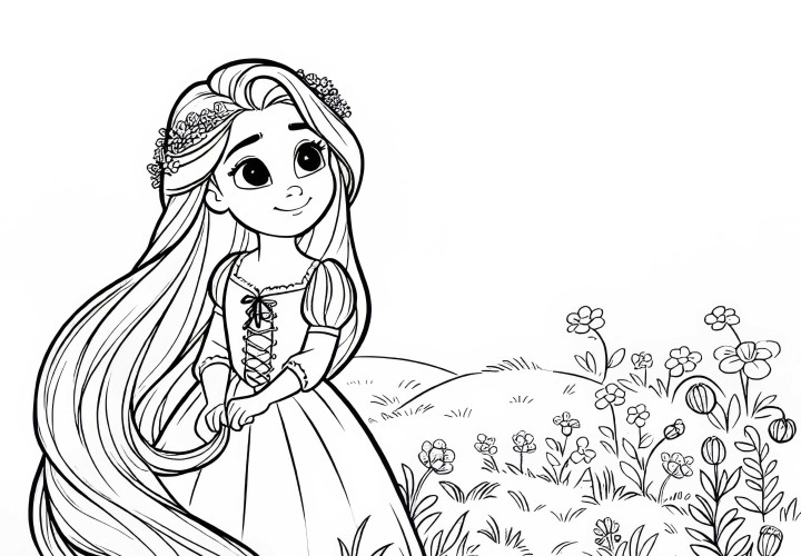 Rapunzel menemukan padang bunga saat dia bersatu kembali dengan pangeran - Halaman pewarnaan Rapunzel menemukan padang bunga saat dia bersatu kembali dengan pangeran - Buku mewarnai