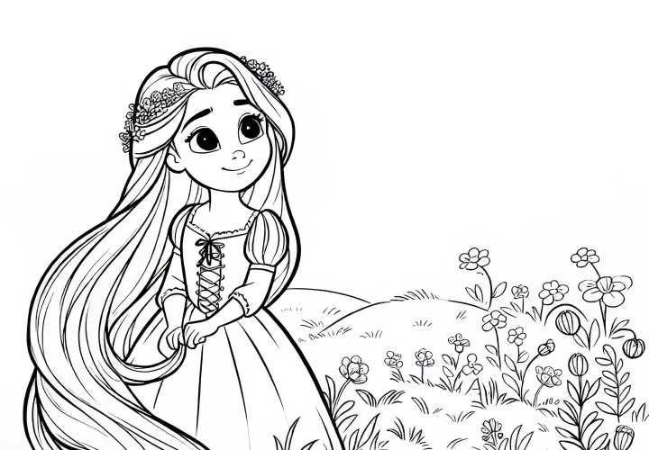 Rapunzel discovers the flower meadow when she is reunited with the prince – coloring page