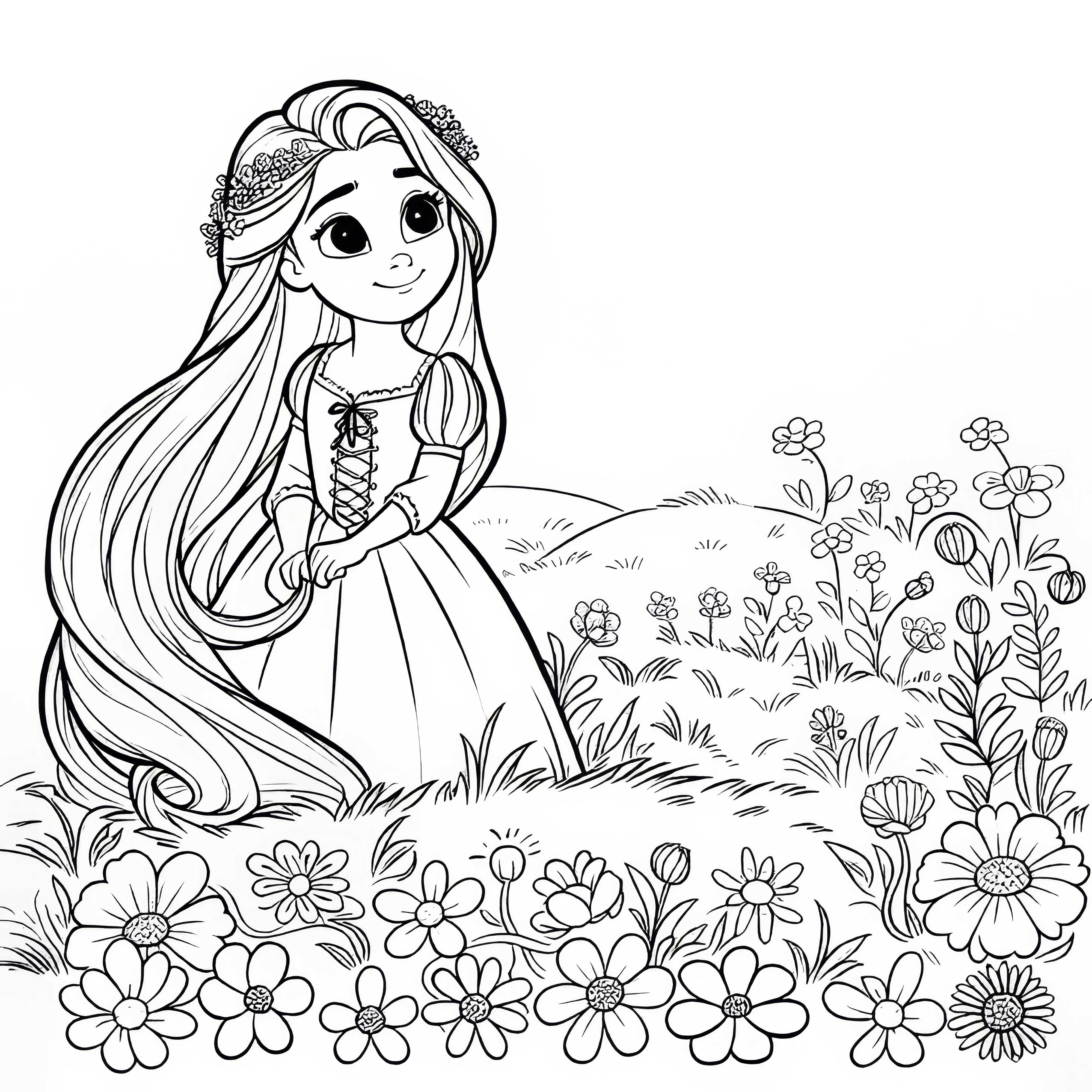 Rapunzel descubre el prado de flores cuando se reencuentra con el príncipe – Plantilla para colorear