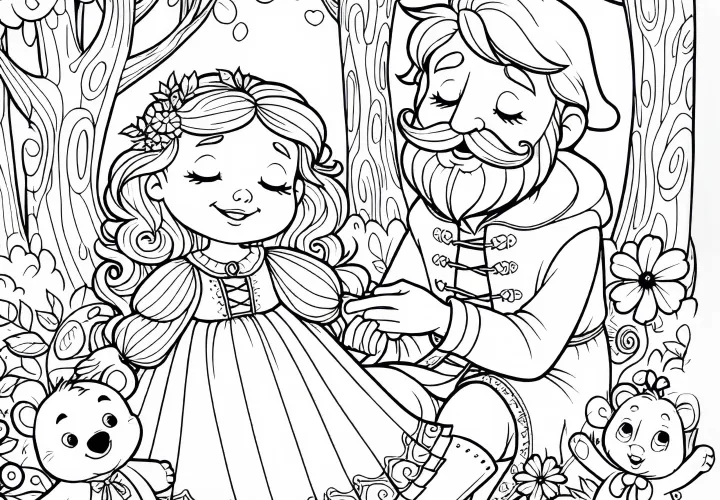 Sleeping Beauty grows happily in the forest with foster parents – coloring picture