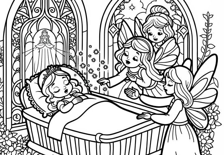 Sleeping Beauty is blessed by fairies at her cradle – Free coloring page Sleeping Beauty is blessed by fairies at her cradle - Free coloring page