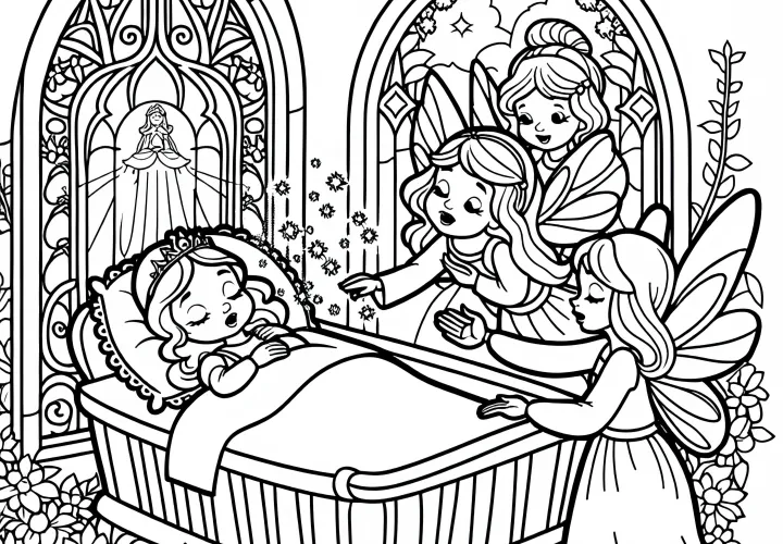Sleeping Beauty is blessed by fairies at her cradle - Free coloring page