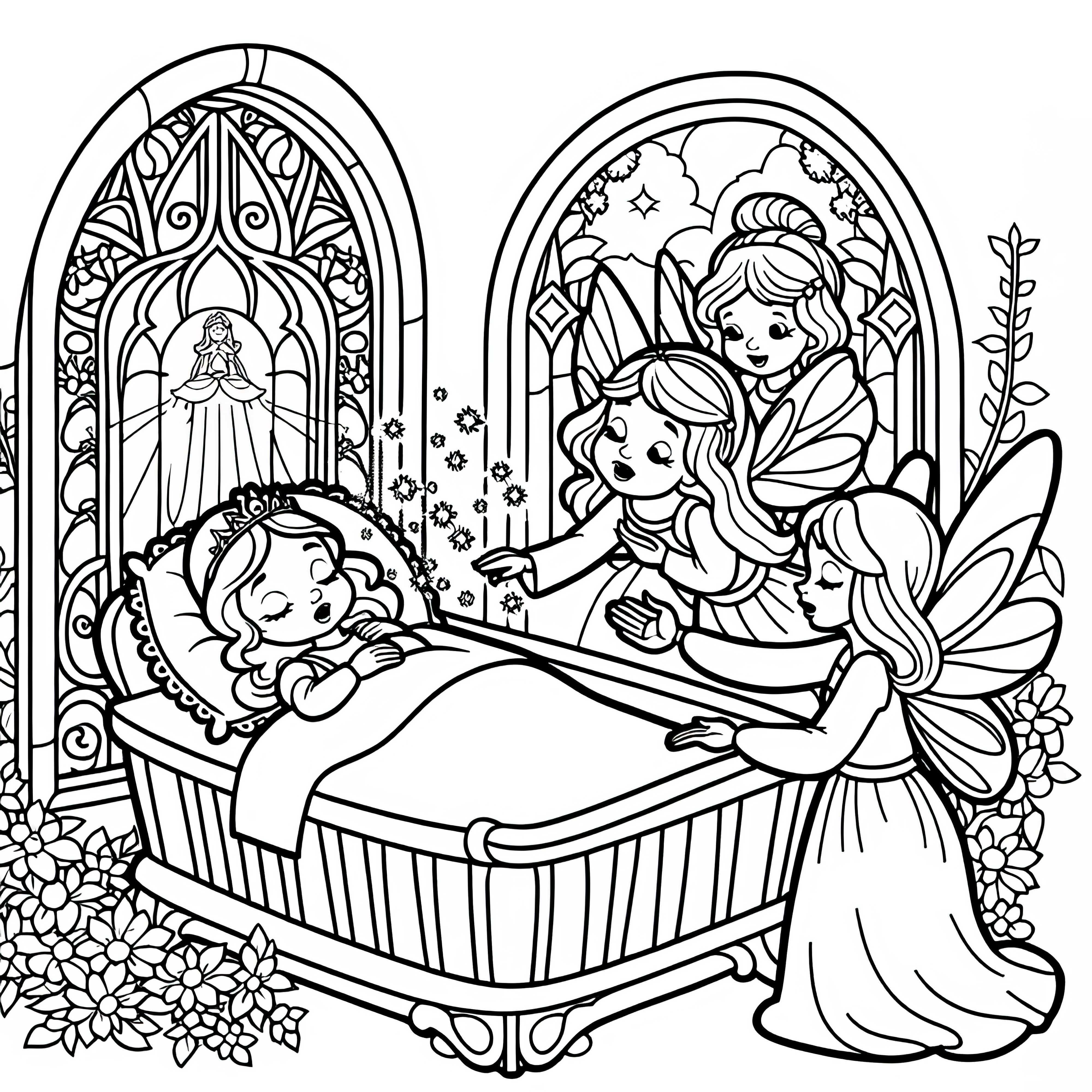Sleeping Beauty is blessed by fairies at her cradle – Free coloring page
