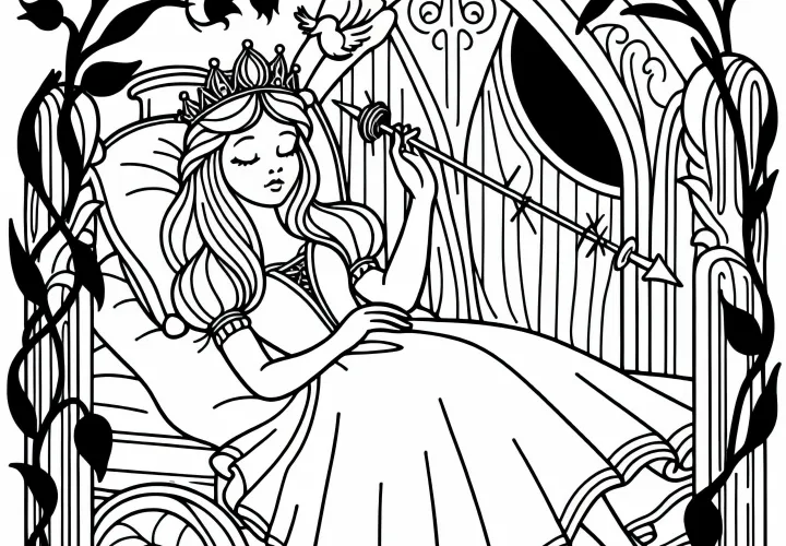 Sleeping Beauty falls into a deep sleep - Free coloring page