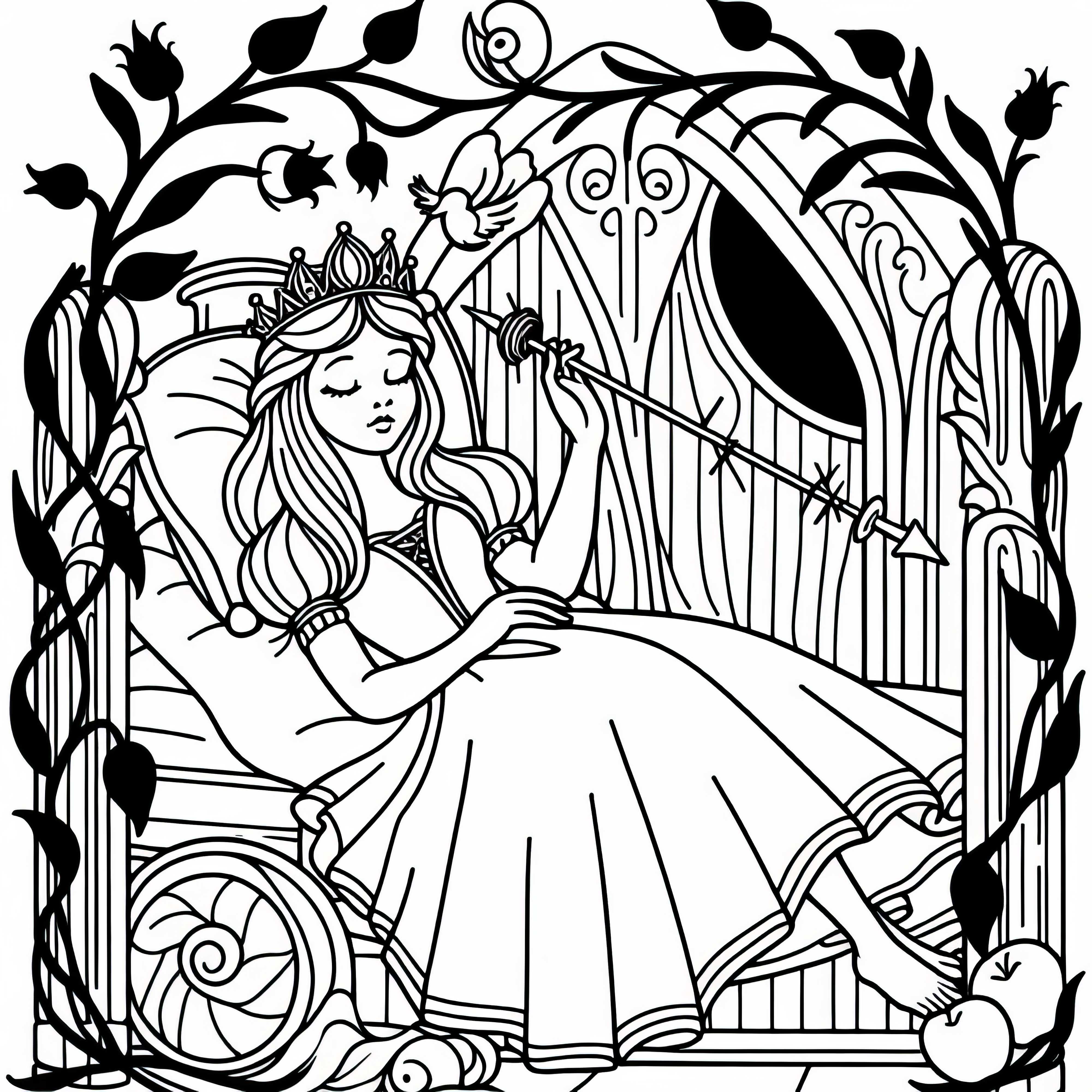 Sleeping Beauty falls into a deep sleep - Free coloring template