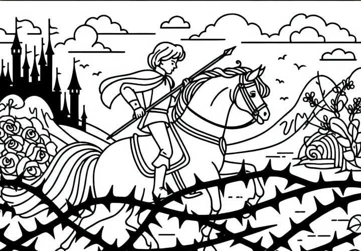 Prince fights his way through the thorn hedge - Coloring page Sleeping Beauty