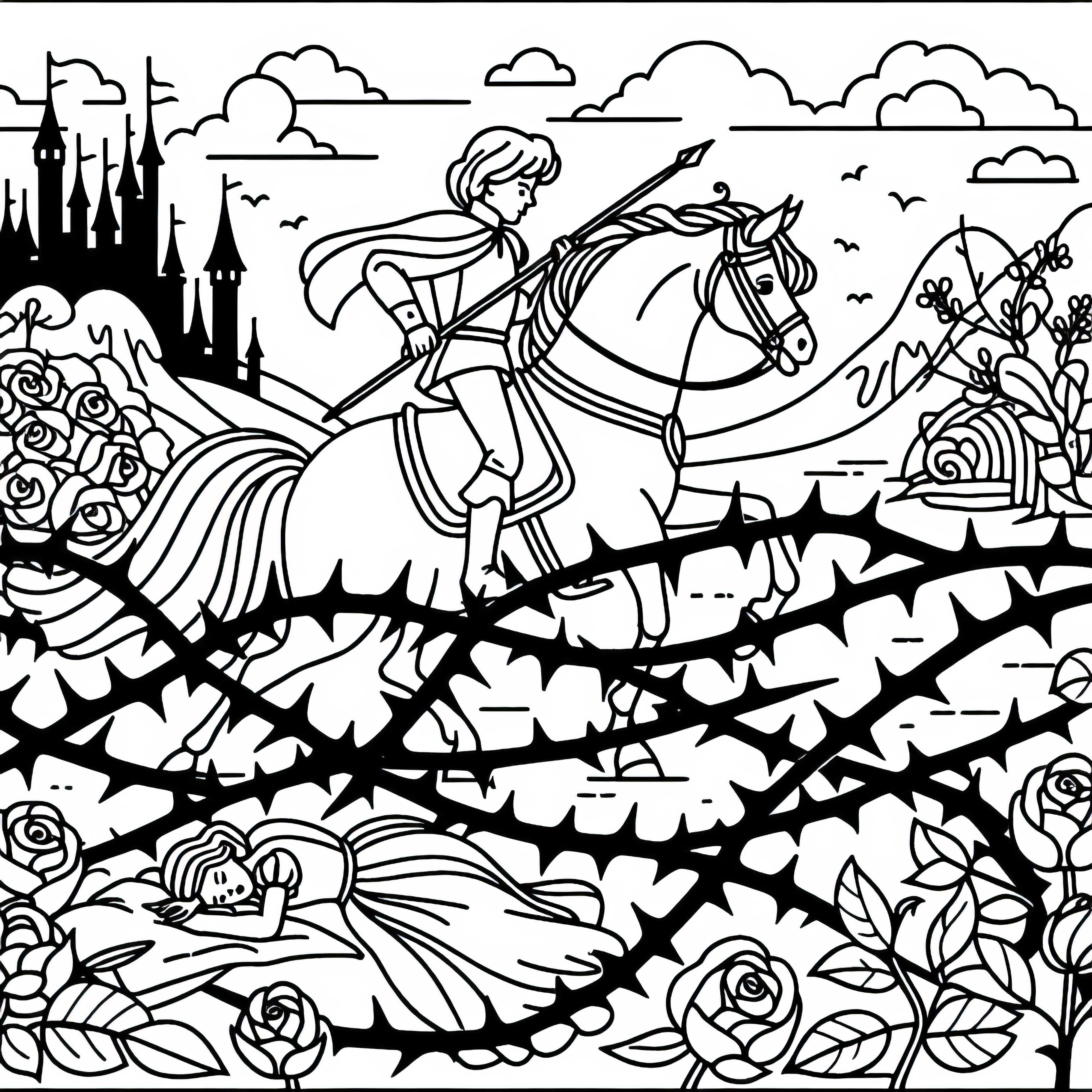 Prince battles through the thorn hedge - Coloring page Sleeping Beauty