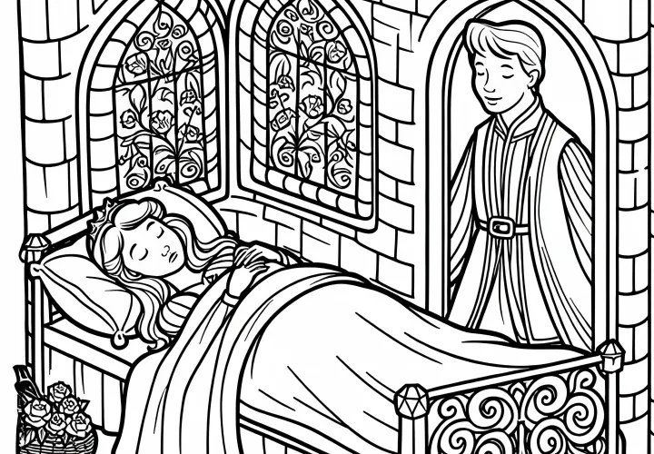 Prince finds sleeping Sleeping Beauty in the tower room - Coloring page