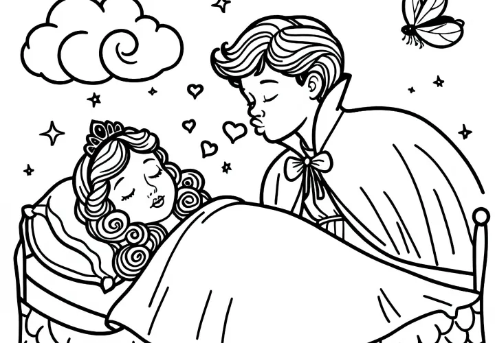 Prince gives Sleeping Beauty a kiss - Free coloring page