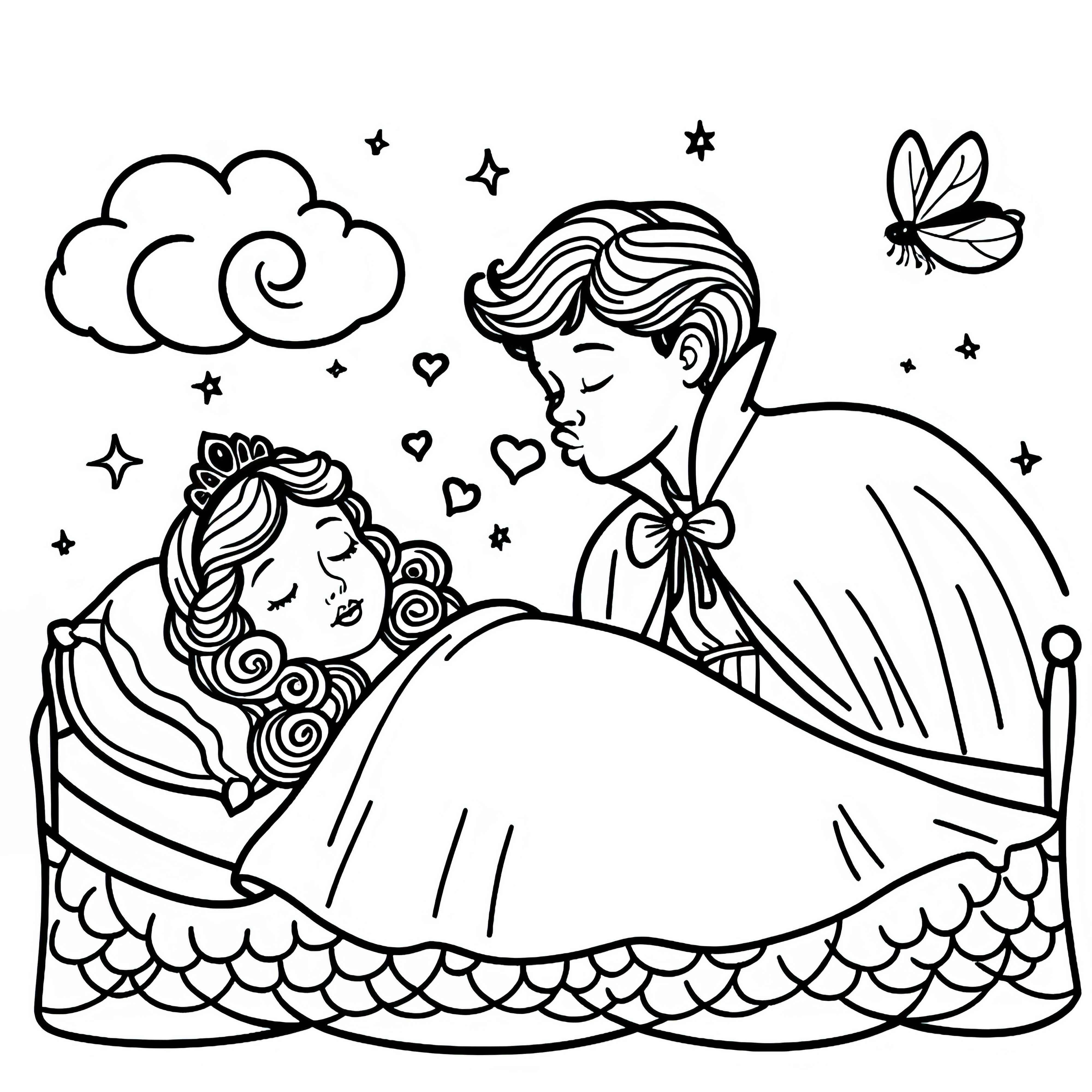 Prince gives Sleeping Beauty a kiss - coloring page free