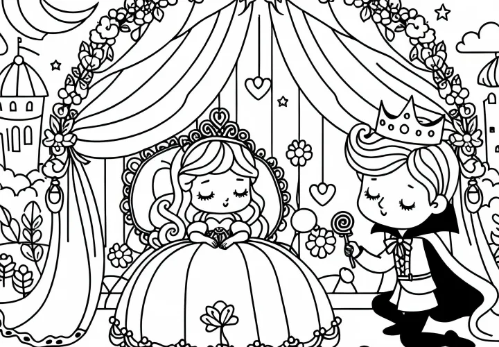 Sleeping Beauty and Prince Celebrate Wedding - Simple Coloring Page Free