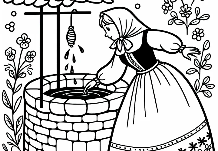 Diligent daughter falls into well – Free coloring page of Frau Holle