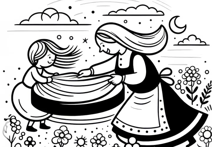 Daughter helps Mother Holle shake the blankets - Free coloring template